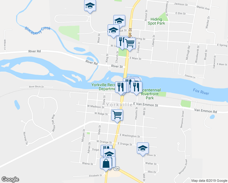 map of restaurants, bars, coffee shops, grocery stores, and more near 111 West Hydraulic Street in Yorkville