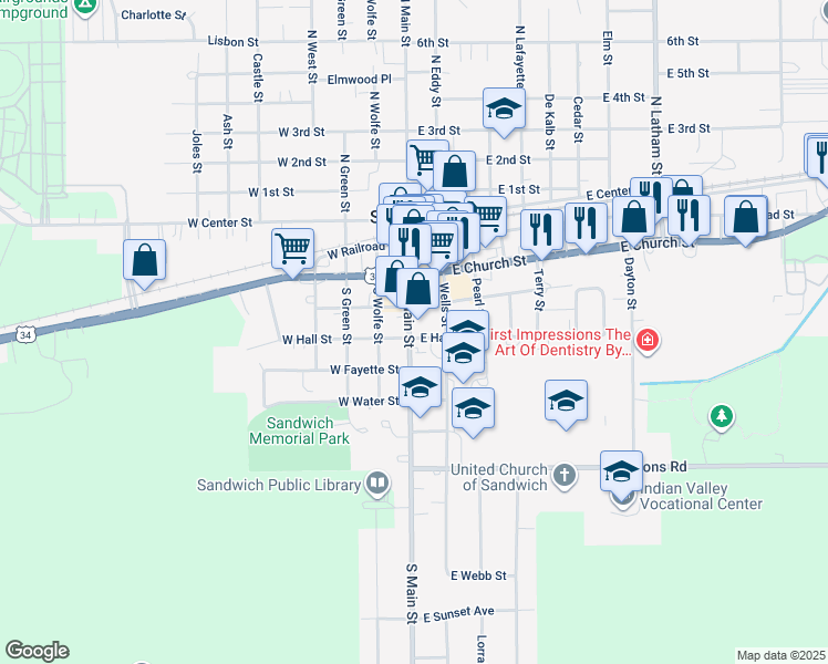 map of restaurants, bars, coffee shops, grocery stores, and more near 302 South Main Street in Sandwich