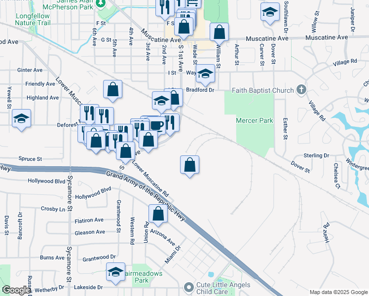 map of restaurants, bars, coffee shops, grocery stores, and more near 1410 South 1st Avenue in Iowa City