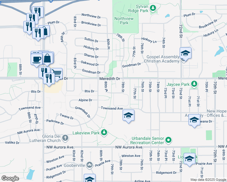 map of restaurants, bars, coffee shops, grocery stores, and more near 4505 79th Street in Urbandale