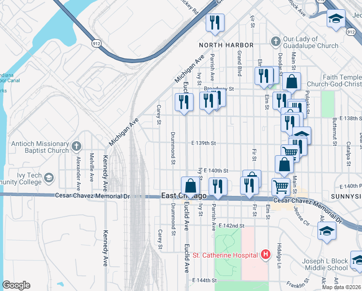 map of restaurants, bars, coffee shops, grocery stores, and more near 3840 Euclid Avenue in East Chicago