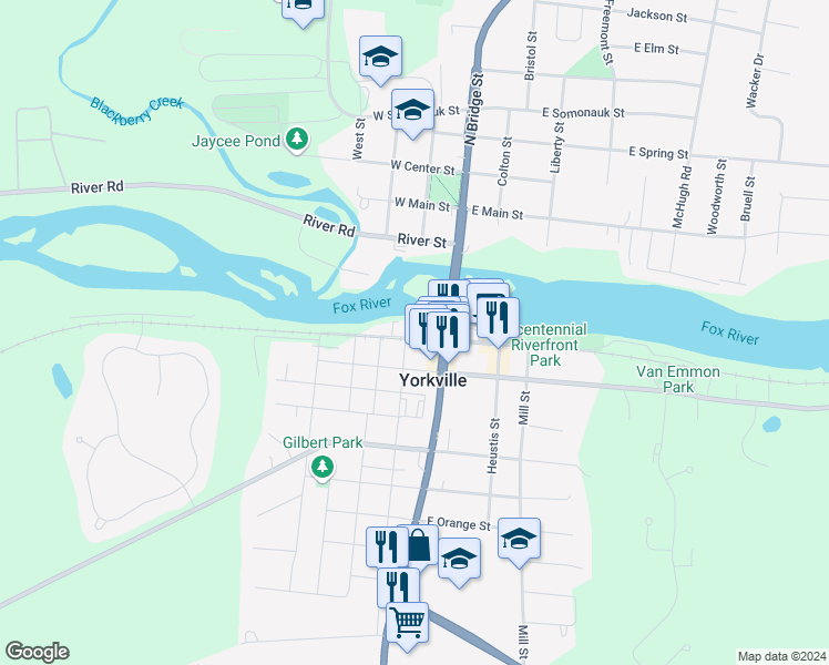 map of restaurants, bars, coffee shops, grocery stores, and more near 121 West Hydraulic Street in Yorkville