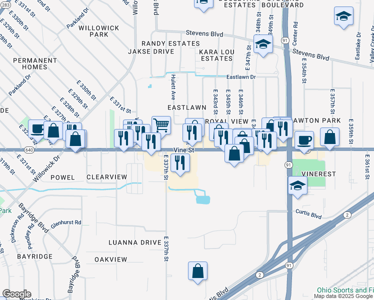 map of restaurants, bars, coffee shops, grocery stores, and more near Ohio 640 in Willoughby
