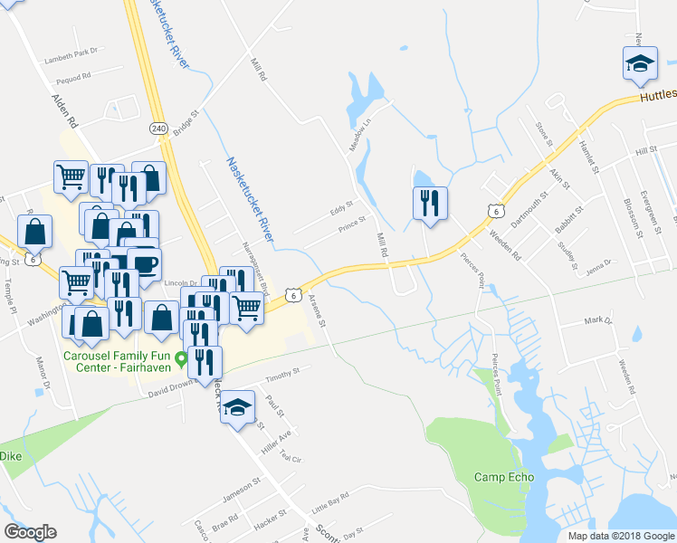 map of restaurants, bars, coffee shops, grocery stores, and more near Huttleston Ave in Fairhaven