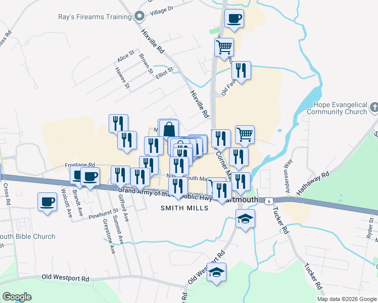 map of restaurants, bars, coffee shops, grocery stores, and more near North Dartmouth Mall in Dartmouth