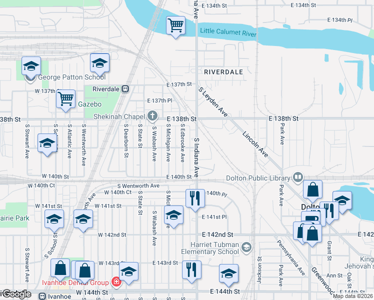 map of restaurants, bars, coffee shops, grocery stores, and more near 13837 South Edbrooke Avenue in Riverdale