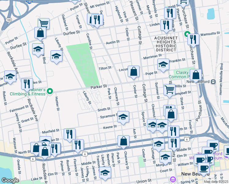 map of restaurants, bars, coffee shops, grocery stores, and more near 490 Park Street in New Bedford