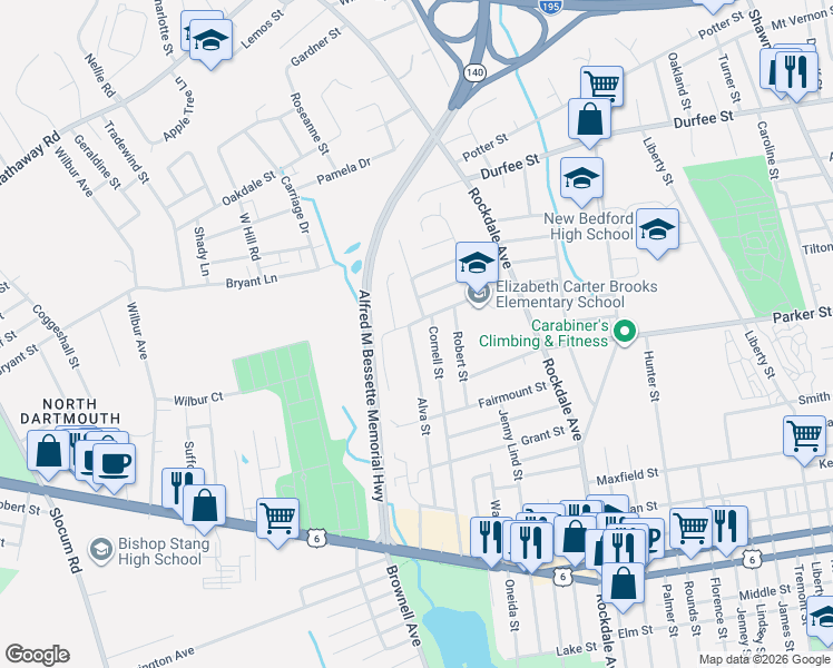 map of restaurants, bars, coffee shops, grocery stores, and more near 261 Cornell Street in New Bedford