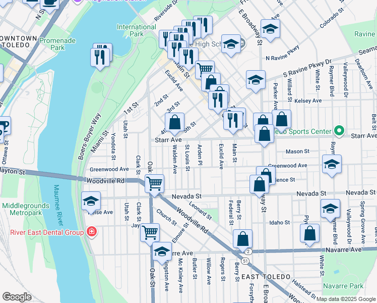 map of restaurants, bars, coffee shops, grocery stores, and more near 406 Arden Place in Toledo