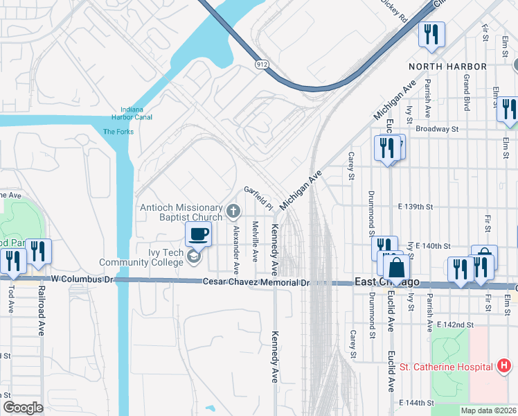 map of restaurants, bars, coffee shops, grocery stores, and more near 3851-3899 Garfield Place in East Chicago