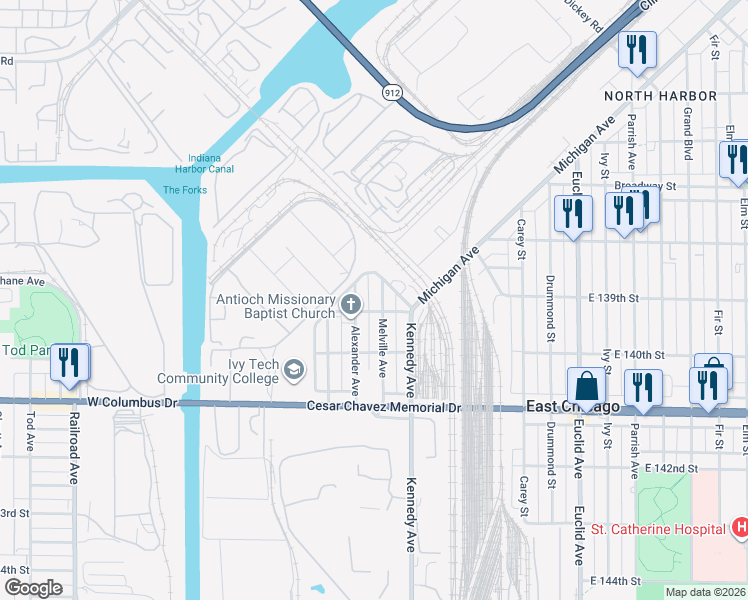 map of restaurants, bars, coffee shops, grocery stores, and more near 3810 Melville Avenue in East Chicago