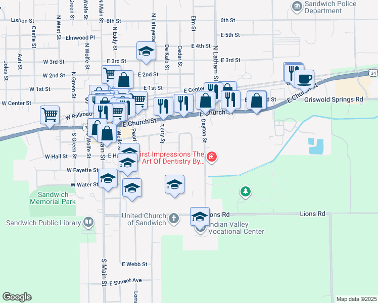 map of restaurants, bars, coffee shops, grocery stores, and more near 24 Dayton Street in Sandwich