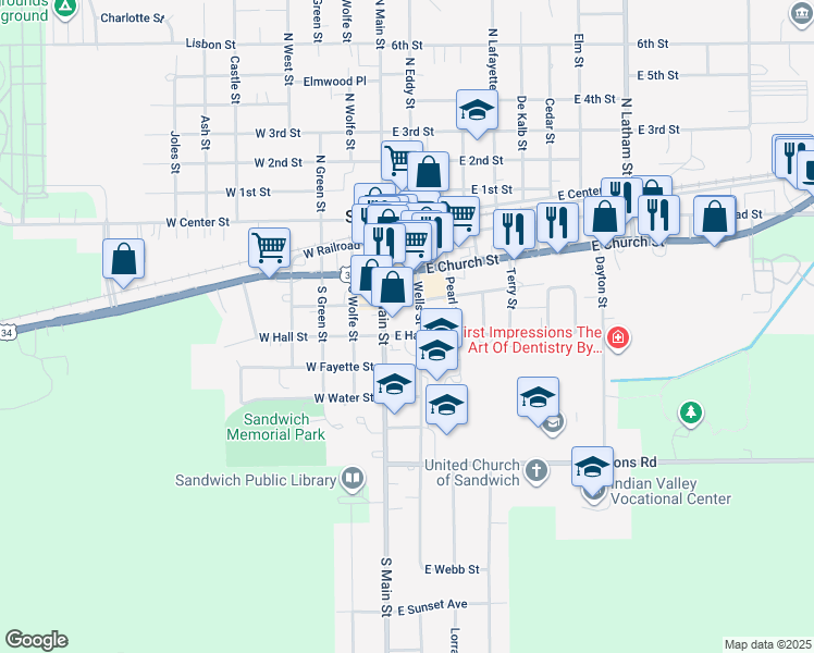 map of restaurants, bars, coffee shops, grocery stores, and more near 302 South Main Street in Sandwich