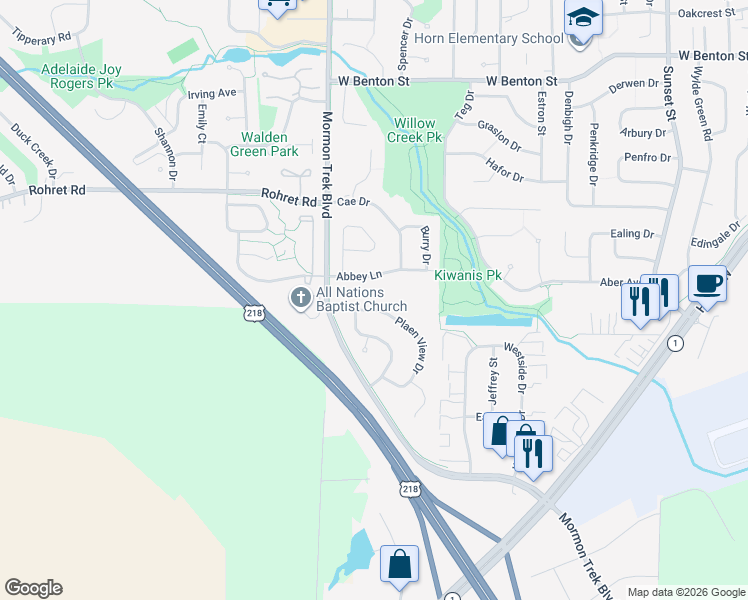 map of restaurants, bars, coffee shops, grocery stores, and more near 2241 Abbey Lane in Iowa City