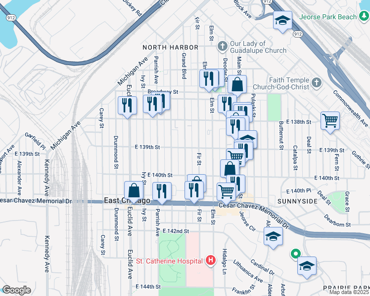 map of restaurants, bars, coffee shops, grocery stores, and more near 1799 East 139th Street in East Chicago