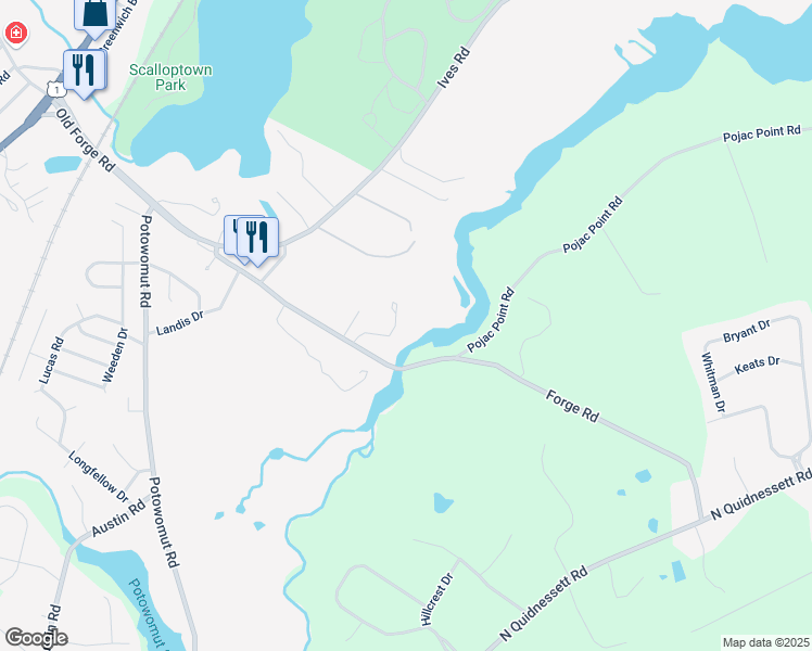 map of restaurants, bars, coffee shops, grocery stores, and more near 57 Old Forge Road in East Greenwich