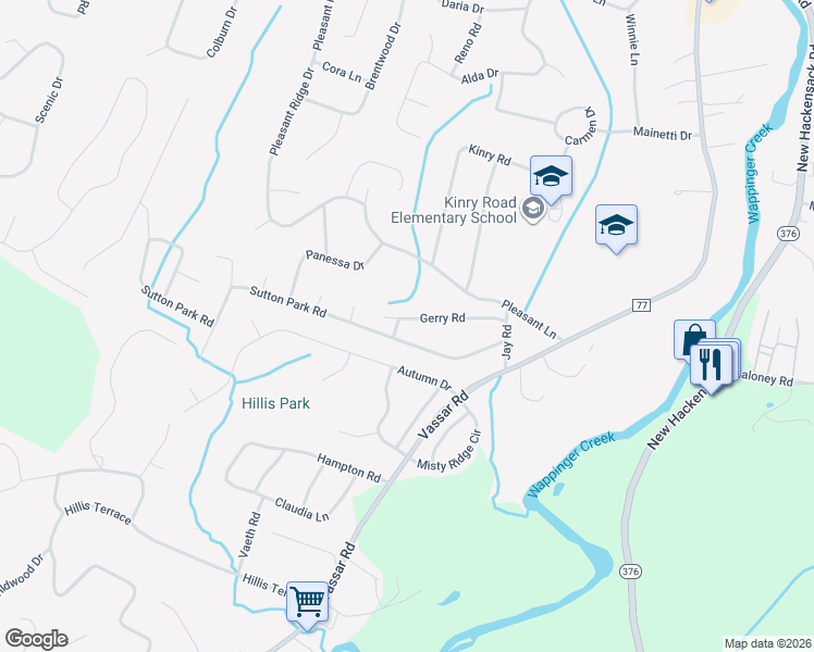 map of restaurants, bars, coffee shops, grocery stores, and more near 28 Gerry Road in Poughkeepsie