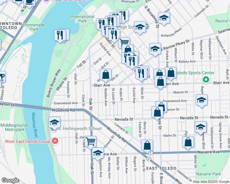 map of restaurants, bars, coffee shops, grocery stores, and more near 425 Saint Louis Street in Toledo