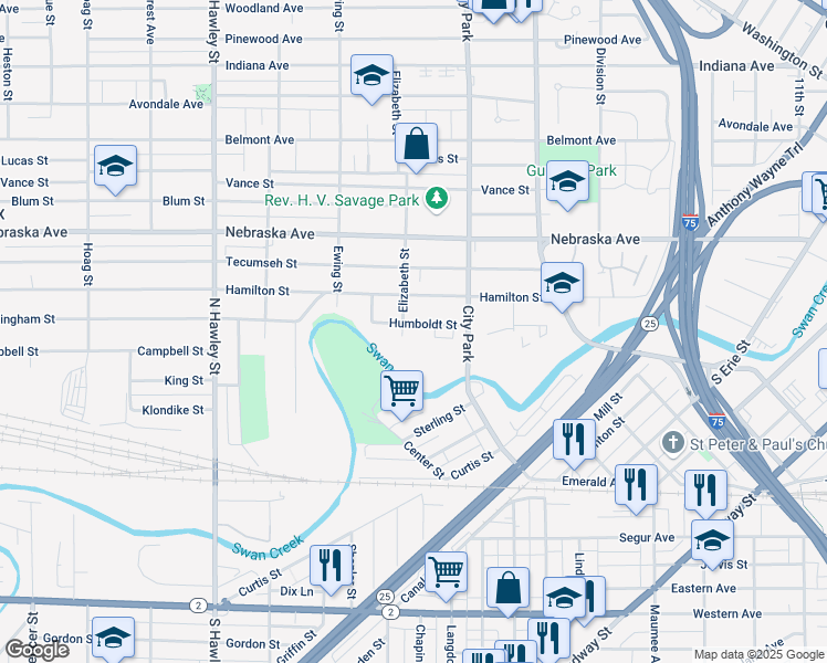 map of restaurants, bars, coffee shops, grocery stores, and more near 642 Humboldt Street in Toledo