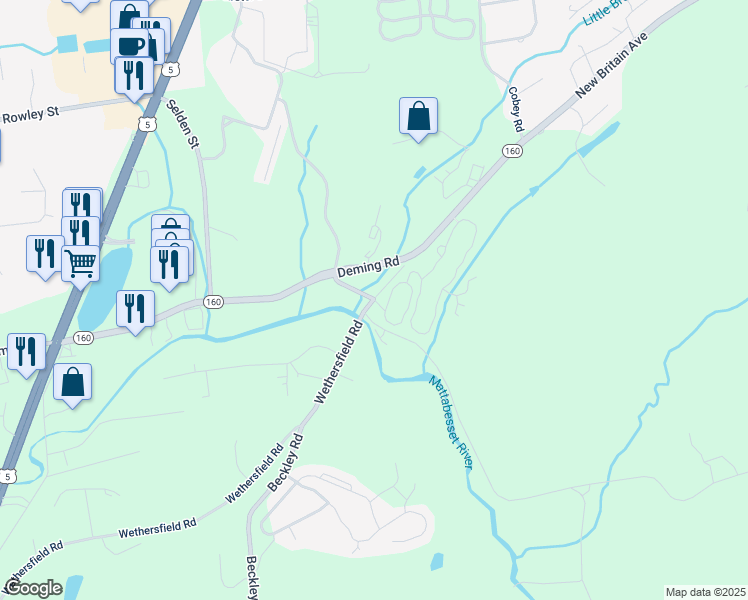 map of restaurants, bars, coffee shops, grocery stores, and more near Wethersfield Road & Bacon Lane in Berlin