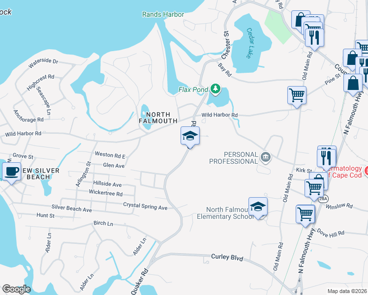 map of restaurants, bars, coffee shops, grocery stores, and more near 716 Quaker Road in Falmouth