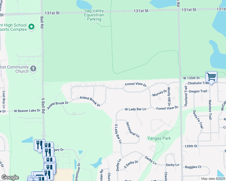 map of restaurants, bars, coffee shops, grocery stores, and more near 12334 Lake View Place in Orland Park