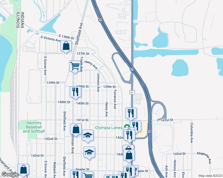 map of restaurants, bars, coffee shops, grocery stores, and more near 642 139th Street in Hammond