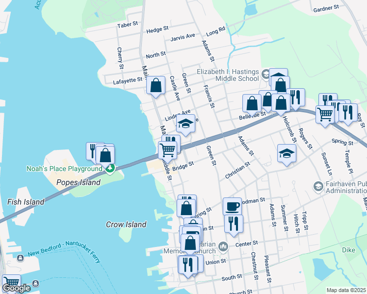 map of restaurants, bars, coffee shops, grocery stores, and more near 12 Huttleston Avenue in Fairhaven