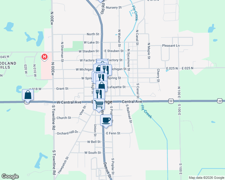 map of restaurants, bars, coffee shops, grocery stores, and more near 250-298 East Lafayette Street in LaGrange