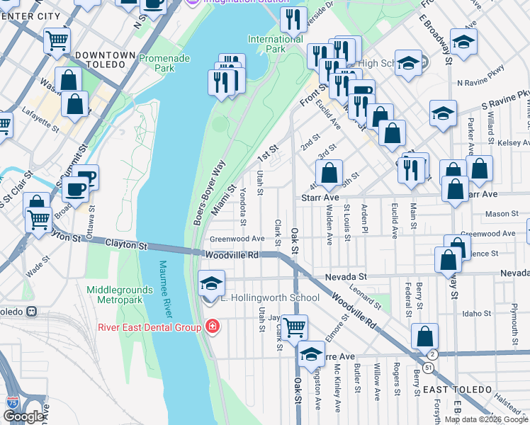 map of restaurants, bars, coffee shops, grocery stores, and more near 405 Utah Street in Toledo