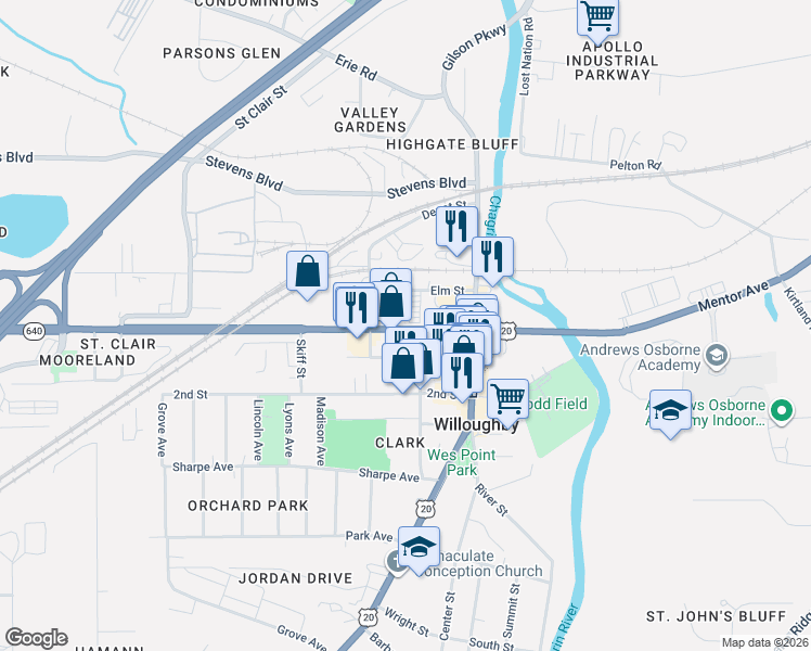 map of restaurants, bars, coffee shops, grocery stores, and more near 37931 Vine Street in Kirtland