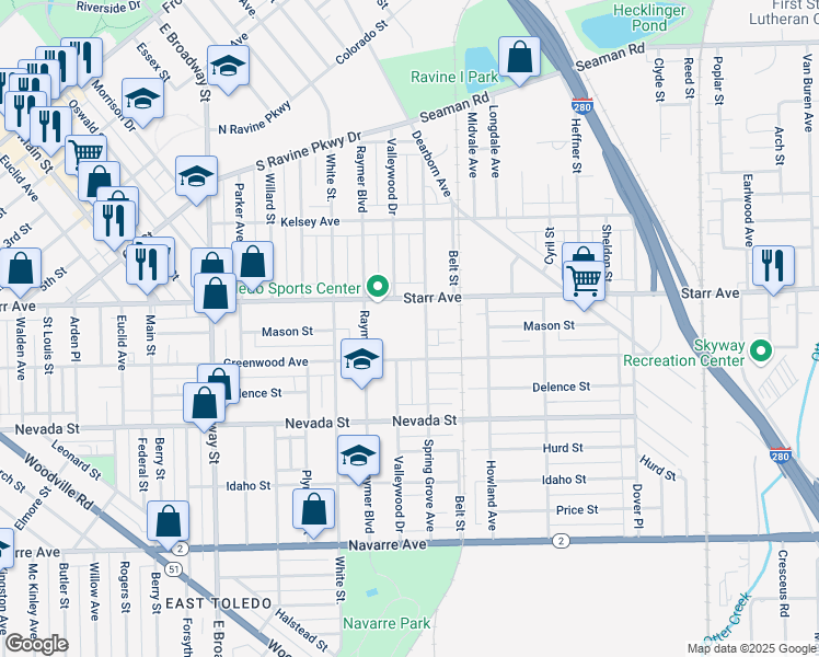 map of restaurants, bars, coffee shops, grocery stores, and more near 1606 Starr Avenue in Toledo
