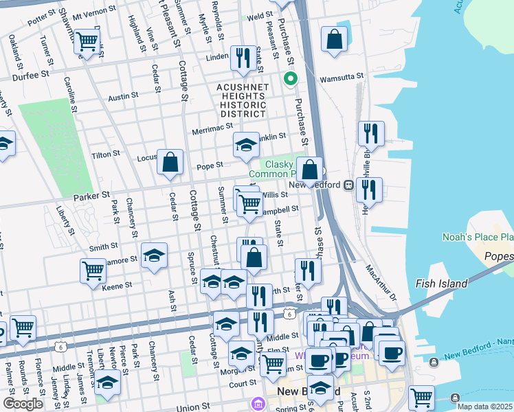 map of restaurants, bars, coffee shops, grocery stores, and more near 676 County Street in New Bedford