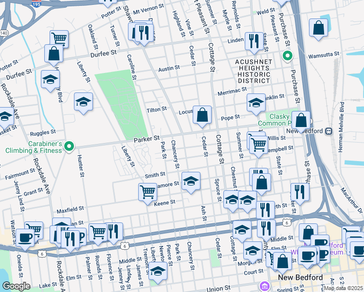 map of restaurants, bars, coffee shops, grocery stores, and more near 47 Shawmut Avenue in New Bedford
