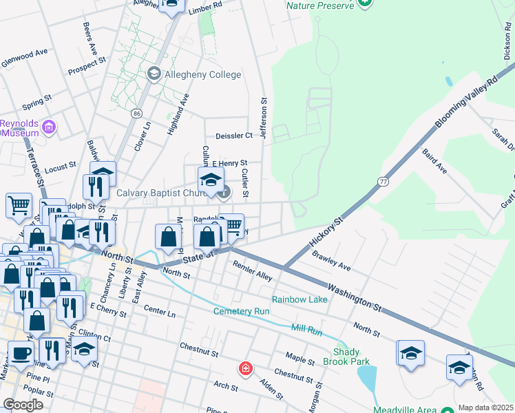 map of restaurants, bars, coffee shops, grocery stores, and more near 605 Randolph Street in Meadville
