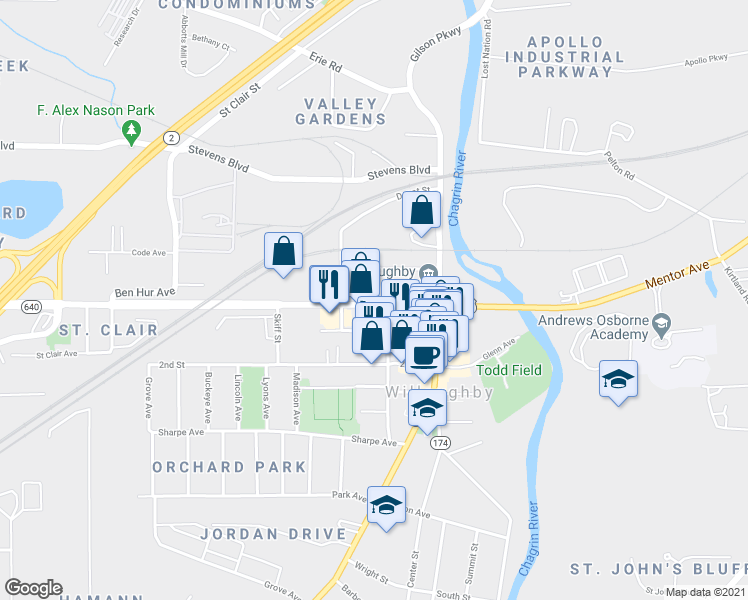 map of restaurants, bars, coffee shops, grocery stores, and more near 37931 Vine Street in Kirtland