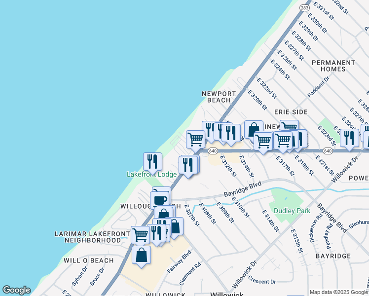 map of restaurants, bars, coffee shops, grocery stores, and more near 30901 Lakeshore Boulevard in Willowick