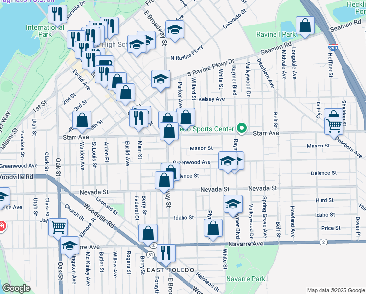 map of restaurants, bars, coffee shops, grocery stores, and more near 1121 Mason Street in Toledo