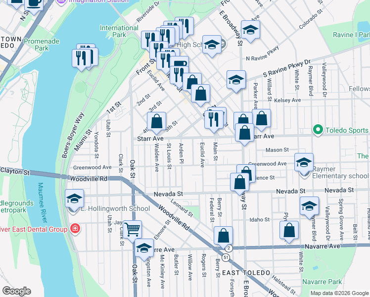 map of restaurants, bars, coffee shops, grocery stores, and more near 406 Arden Place in Toledo