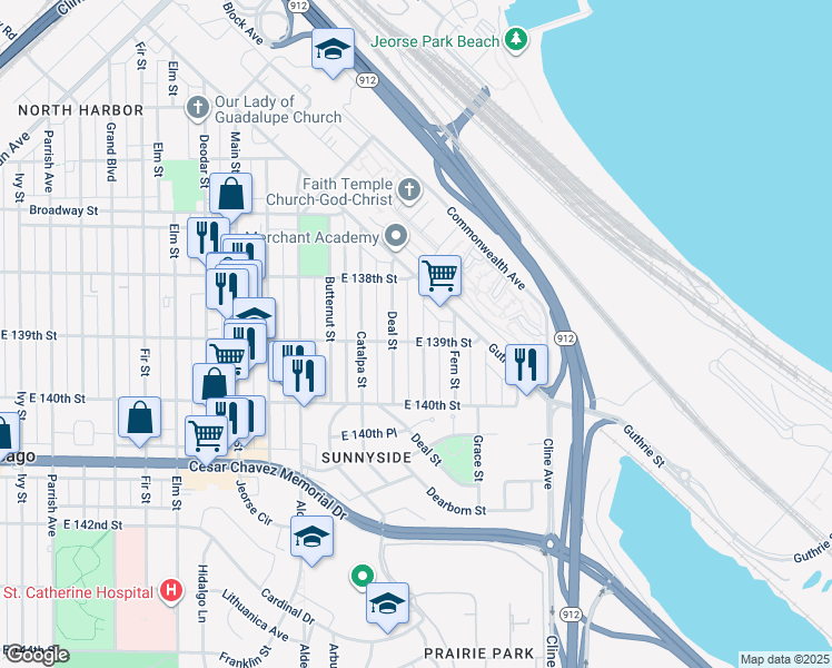 map of restaurants, bars, coffee shops, grocery stores, and more near 3824 Evergreen Street in East Chicago
