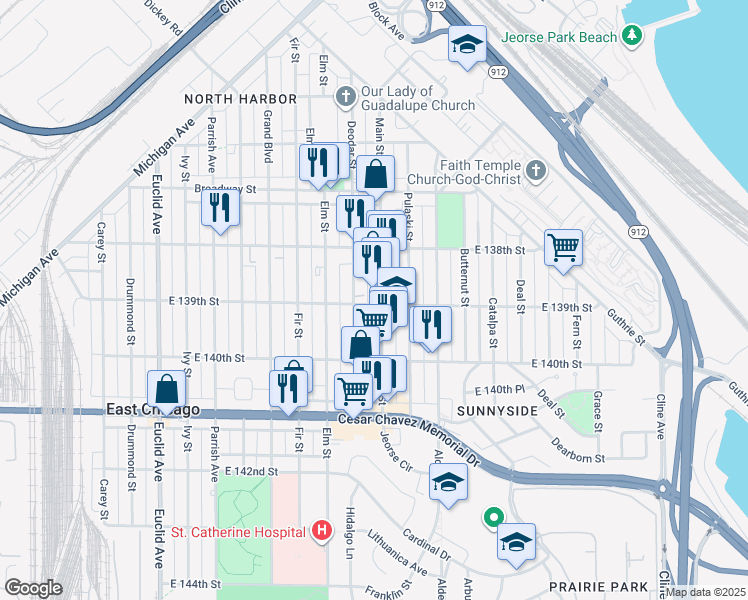 map of restaurants, bars, coffee shops, grocery stores, and more near 3828 Main Street in East Chicago