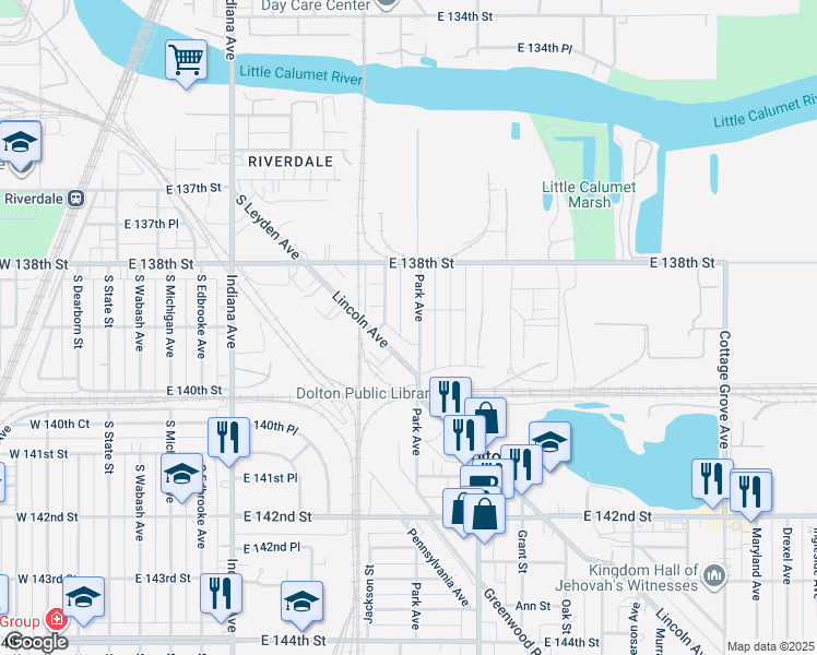 map of restaurants, bars, coffee shops, grocery stores, and more near 13842 Park Avenue in Dolton