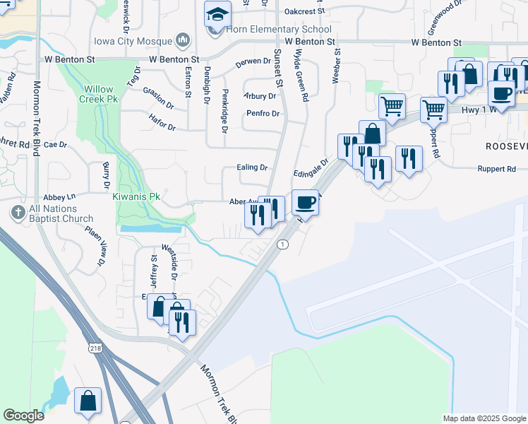 map of restaurants, bars, coffee shops, grocery stores, and more near 1304 Sunset Street in Iowa City