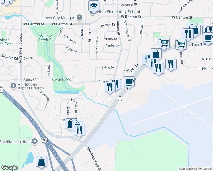 map of restaurants, bars, coffee shops, grocery stores, and more near 1509 Aber Avenue in Iowa City