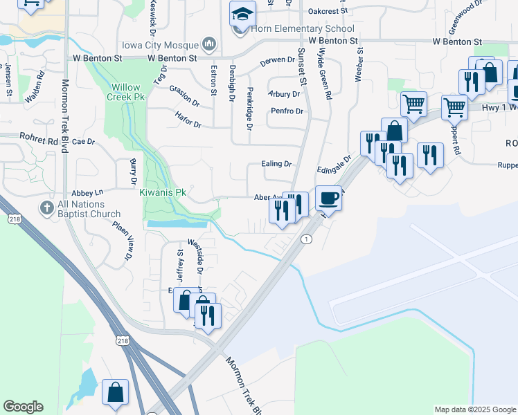 map of restaurants, bars, coffee shops, grocery stores, and more near 1509 Aber Avenue in Iowa City