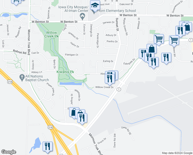 map of restaurants, bars, coffee shops, grocery stores, and more near 1601 Aber Avenue in Iowa City
