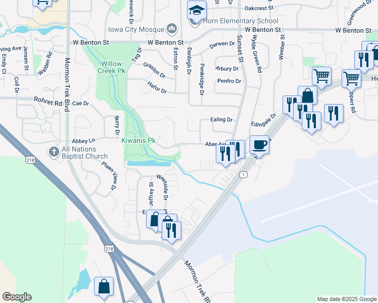 map of restaurants, bars, coffee shops, grocery stores, and more near 1705 Teg Drive in Iowa City
