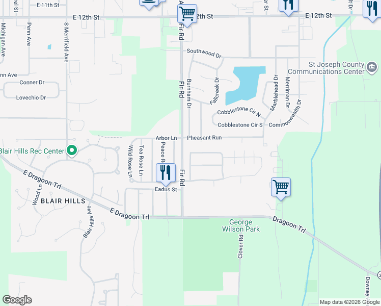 map of restaurants, bars, coffee shops, grocery stores, and more near 1400 Tall Grass Prairie Drive in Mishawaka