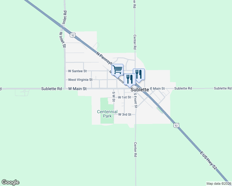 map of restaurants, bars, coffee shops, grocery stores, and more near 203 West Main Street in Sublette