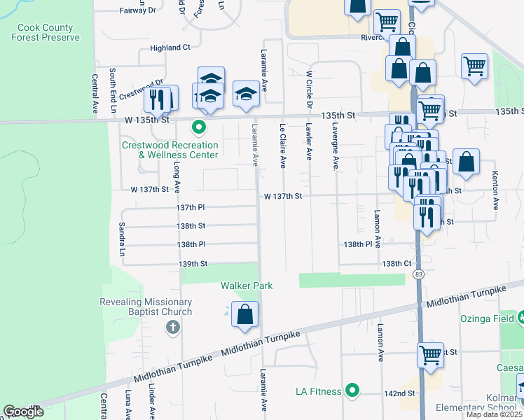 map of restaurants, bars, coffee shops, grocery stores, and more near 13711 Laramie Avenue in Crestwood